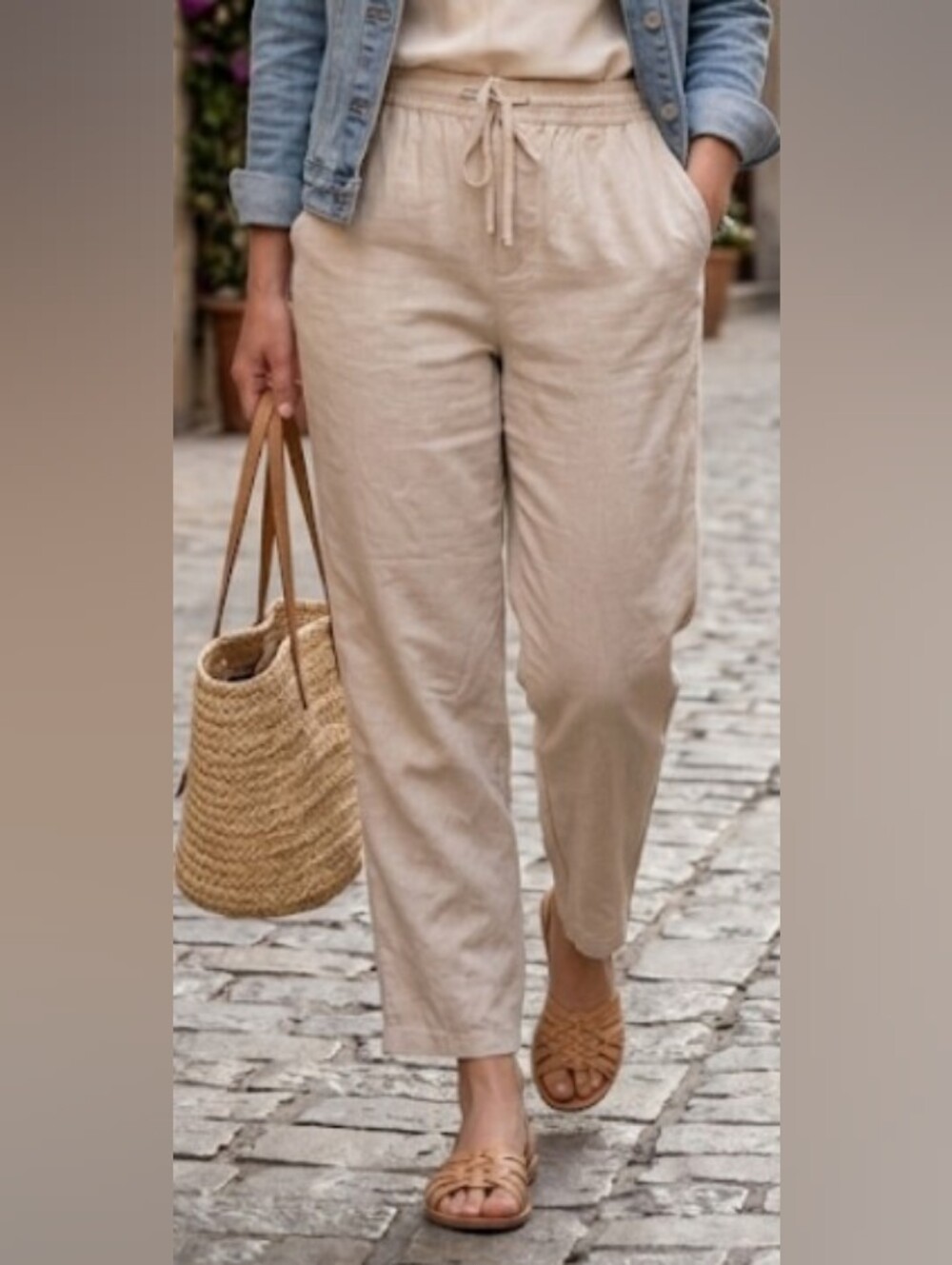 Mango 100% Linen Wide Leg Drawstring Cropped Pants (Sz M) Comfy Lux Capsule